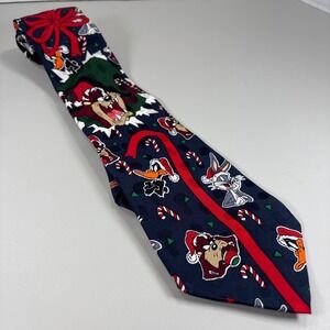 Looney Tunes Vtg Christmas Silk Tie‎ Bugs Bunny Daffy Taz Candy Cane Navy